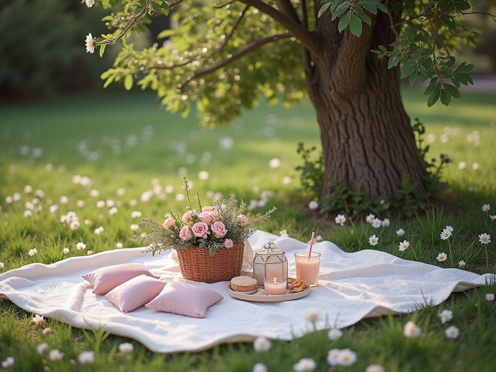 Piknik pod drzewem z koszem róż, poduszkami, latarnią i napojem.